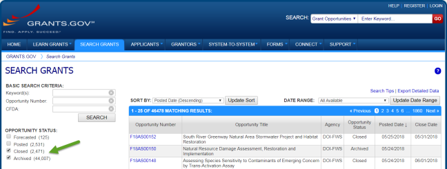 Search Grants page highlighting the Closed and Archived options under the Opportunity Status heading